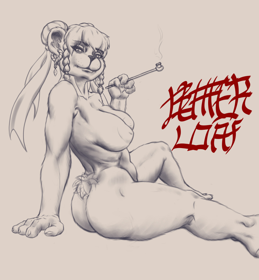 2022 anthro areola arm_support blizzard_entertainment breasts butt butterloaf claws ear_piercing ear_ring eyelashes fangs female finger_claws fur hair hi_res looking_at_viewer mammal nipples nude pandaren piercing puffy_areola puffy_nipples ring_piercing sharp_teeth side_boob signature simple_background sitting smoking smoking_pipe solo teeth thick_thighs toe_claws ursid video_games warcraft