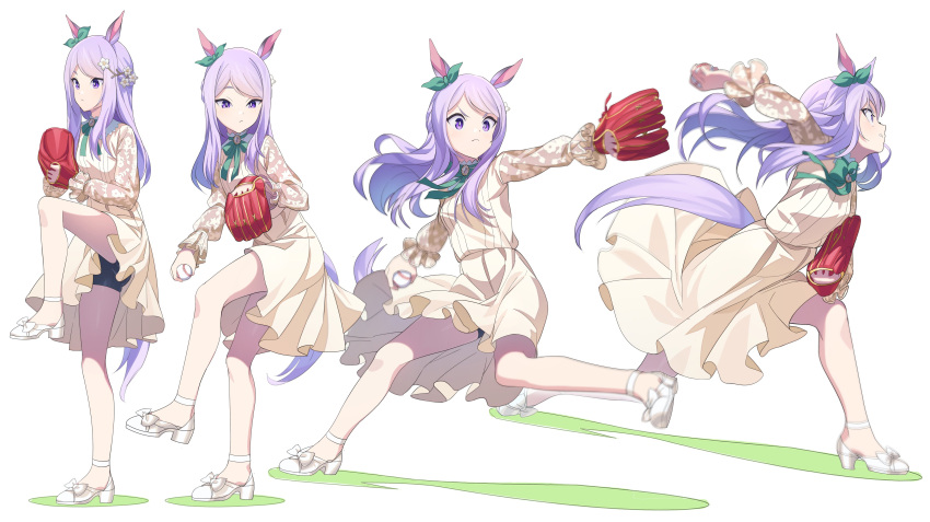 1girl absurdres animal_ears ass ball bangs baseball baseball_mitt bike_shorts breasts dress hair_ornament high_heels highres holding holding_ball horse_ears horse_girl horse_tail leg_up long_hair mejiro_mcqueen_(umamusume) multiple_views nishiki_kazue pitching purple_eyes purple_hair sequential simple_background small_breasts tail umamusume white_background white_footwear