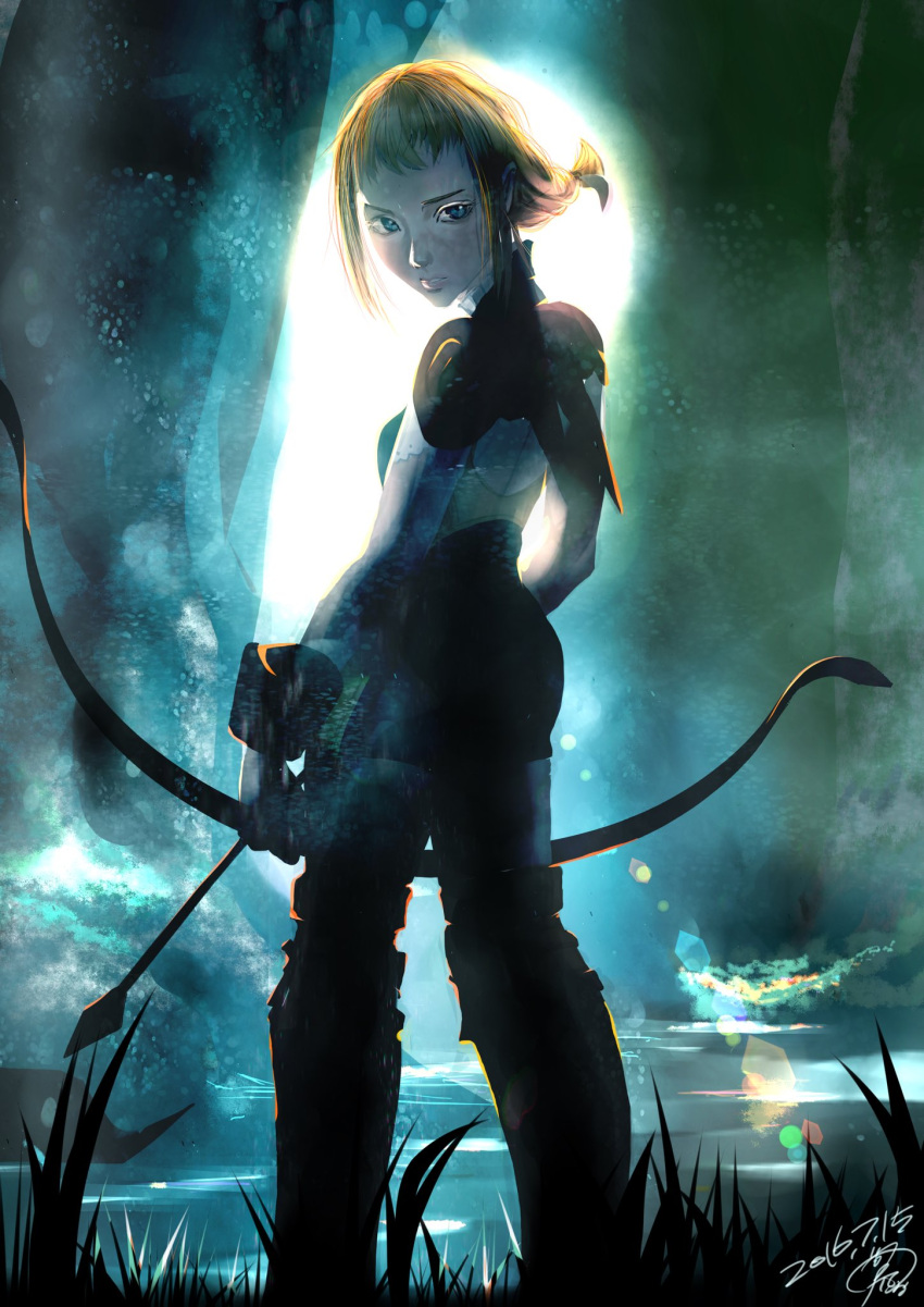 1girl arrow_(projectile) ass blonde_hair blue_eyes bodysuit bow_(weapon) braid breasts closed_mouth dated feet_out_of_frame final_fantasy final_fantasy_xii highres long_hair looking_at_viewer penelo siotomato solo tree twin_braids twintails water weapon