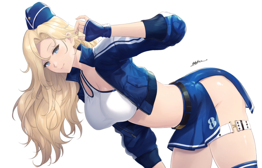 1girl adjusting_hair alternate_costume bent_over blonde_hair blue_eyes blue_gloves blue_headwear blue_jacket blue_skirt blue_thighhighs breasts cleavage closed_mouth cowboy_shot cropped_jacket cropped_shirt dated fingerless_gloves gloves hornet_(kancolle) jacket kantai_collection large_breasts long_hair looking_at_viewer midriff odachu race_queen shirt side_slit signature skirt smile solo thigh_strap thighhighs white_background white_shirt