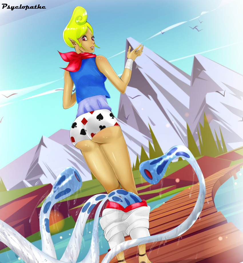 blonde_hair dark_skin embarrassed from_behind full_body gooper_blooper highres jacket mario_(series) neckerchief panties pants pointy_ears print_panties psyclopathe red_eyes red_neckerchief shirt super_mario_sunshine tentacles tetra the_legend_of_zelda the_legend_of_zelda:_phantom_hourglass the_legend_of_zelda:_the_wind_waker underwear white_panties white_pants