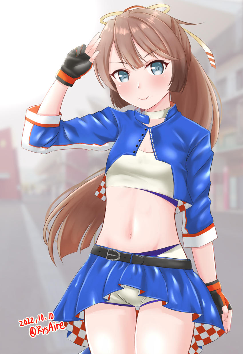 1girl akigumo_(kancolle) akigumo_(kancolle)_(cosplay) ame-san black_gloves blue_jacket blue_skirt breasts brown_hair choker commentary_request cosplay fingerless_gloves gloves grey_eyes hair_ribbon highres jacket kantai_collection kazagumo_(kancolle) long_hair looking_at_viewer midriff navel ponytail race_queen revision ribbon salute shorts shorts_under_skirt skirt small_breasts solo standing white_bandeau white_choker white_shorts