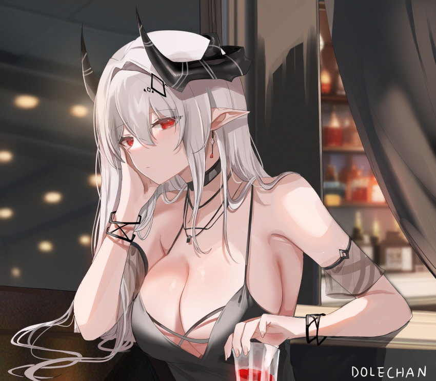 1girl absurdres arknights artist_name bangs bare_shoulders black_choker blush breasts choker cleavage commentary dolechan drink earrings grey_hair highres horns jewelry large_breasts long_hair looking_at_viewer mudrock_(arknights) mudrock_(obsidian)_(arknights) necklace official_alternate_costume pointy_ears red_eyes see-through solo symbol-only_commentary upper_body