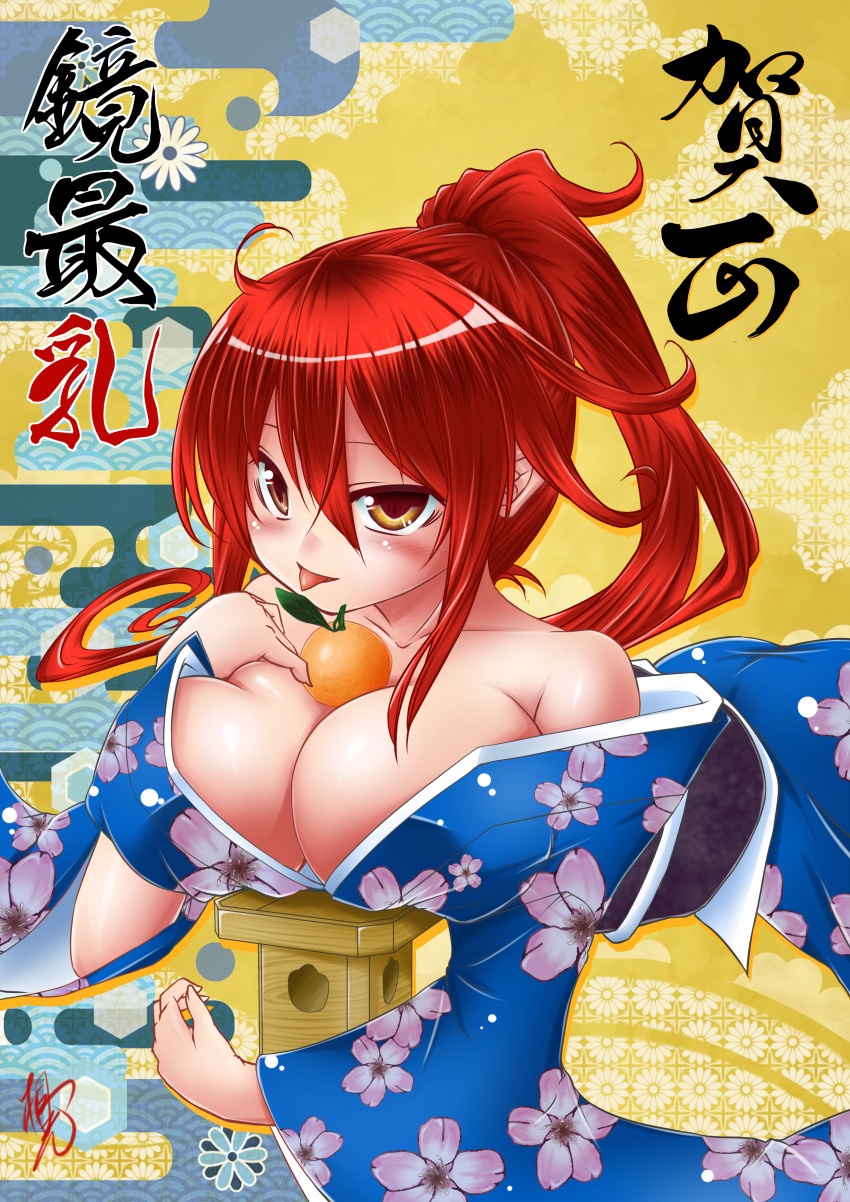 1girl :p absurdres ahoge bangs bare_shoulders between_breasts blue_kimono breasts cleavage closed_mouth food fruit happy_new_year highres honkai_(series) honkai_impact_3rd japanese_clothes kimono kirimoto_takamitsu large_breasts long_hair looking_at_viewer lying murata_himeko nengajou new_year on_stomach oppai_mochi orange_(fruit) ponytail red_hair smile solo tongue tongue_out yellow_eyes