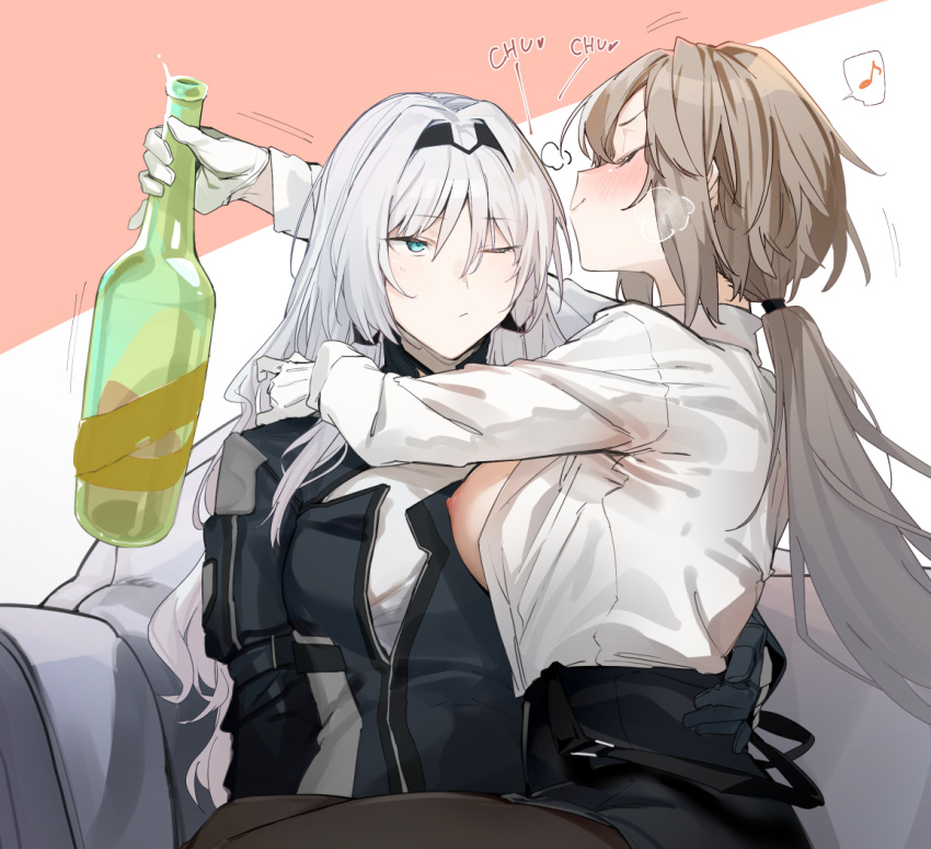 2girls an-94_(girls'_frontline) aqua_eyes arms_around_neck bangs black_gloves blush bottle breasts breasts_out closed_eyes collared_shirt commentary_request commission couch drunk earrings female_commander_(girls'_frontline) girls'_frontline gloves grey_hair hair_tie hairband hand_on_another's_shoulder hand_on_another's_waist heart jewelry large_breasts long_hair looking_at_another multiple_girls musical_note nipples one_breast_out one_eye_closed open_clothes open_shirt pantyhose ponytail shirt single_earring sitting sitting_on_lap sitting_on_person skeb_commission skirt smile tactical_clothes uno_ryoku white_gloves white_shirt yuri