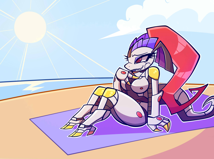 2018 absurd_res anthro beach dilophosaurid dinosaur female grey_body hair hi_res humanoid long_hair long_tail machine metallic_body nelljoestar red_eyes red_hair reptile robot robot_humanoid scalie seaside sitting smile solo sunbathing theropod