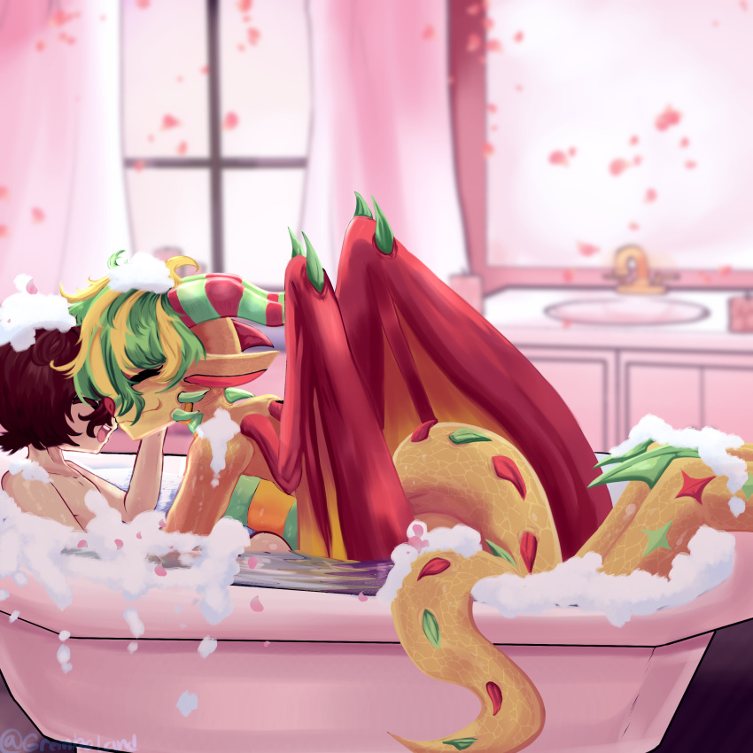 1:1 a_dragon's_tale_of_tails absurd_res anthro bathroom bathtub bubble caress cuddling cynthia_(adtot) dragon duo female hair happy hi_res horn human humanoid hun_(adtot) interspecies kissing_cheek larger_female male male/female mammal mirror multicolored_body multicolored_hair multicolored_horn nude petals pinned_to_floor romantic romantic_couple sink size_difference smaller_male smile tomboy water window