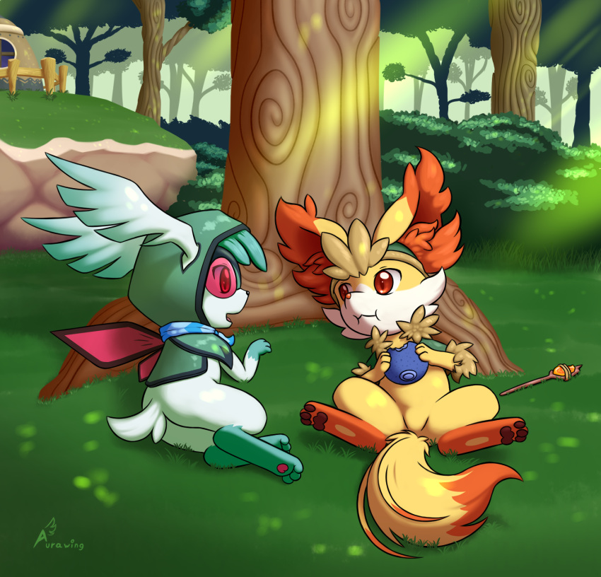 aurawing clothing duo eyewear fennekin feral forest forest_background fur generation_4_pokemon generation_6_pokemon goggles hi_res legendary_pokemon long_ears long_tail male male/male nature nature_background nintendo orange_eyes paws plant pokemon pokemon_(species) pokemon_mystery_dungeon red_eyes shaymin short_tail shrike_(shaymin) tree video_games white_body white_fur yellow_body yellow_fur