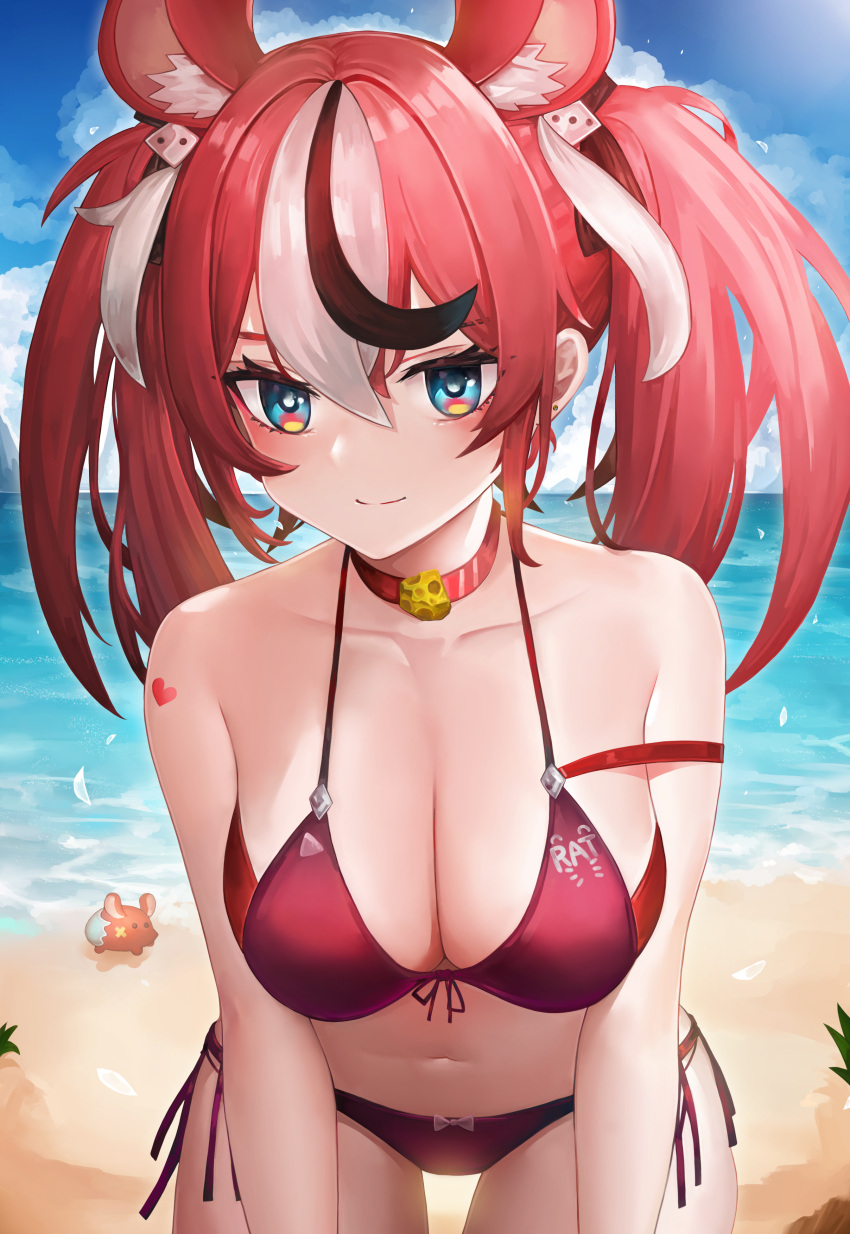 1girl absurdres animal_ears bangs beach bikini black_hair blue_eyes breasts choker cleavage closed_mouth cowboy_shot day dice_hair_ornament extra_ears hair_between_eyes hair_ornament hakos_baelz heart heart_tattoo highres hololive hololive_english large_breasts leaning_forward looking_at_viewer mouse_ears mr._squeaks_(hakos_baelz) multicolored_hair ocean outdoors red_bikini red_choker red_hair shoulder_tattoo side-tie_bikini_bottom solo standing streaked_hair string swimsuit tattoo twintails virtual_youtuber white_hair ziteng_yue
