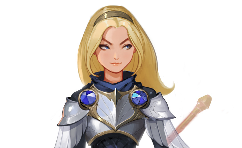 1girl absurdres armor bangs blonde_hair blue_eyes breastplate brown_hairband commentary den_(denwhat) gem grey_background hairband highres league_of_legends legends_of_runeterra long_hair long_sleeves lux_(league_of_legends) shiny shiny_clothes shiny_hair shoulder_plates simple_background solo staff upper_body weapon