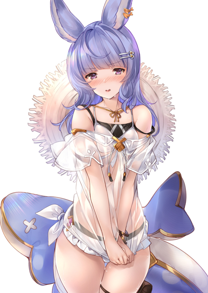 1girl animal_ears bangs bare_shoulders bikini bikini_under_clothes blue_hair blush brown_headwear collarbone commentary_request erune granblue_fantasy hair_ornament hairclip hat hat_around_neck highres inflatable_dolphin inflatable_toy looking_at_viewer mayusaki_yuu nose_blush parted_lips purple_eyes see-through simple_background solo straw_hat swimsuit tikoh wet white_background white_bikini