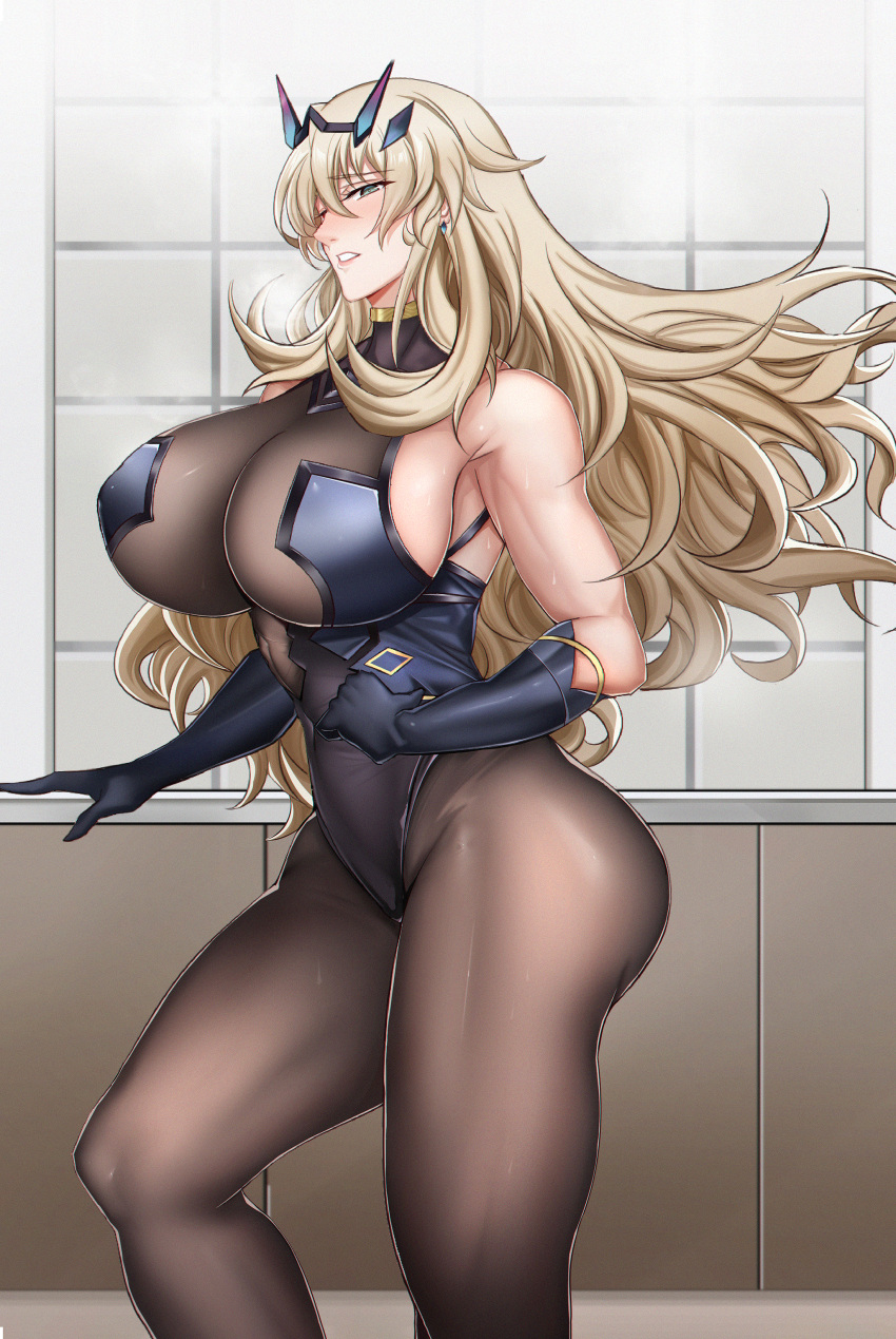 1girl absurdres ass bare_shoulders black_gloves black_leotard blonde_hair bodysuit breasts commentary_request curly_hair earrings elbow_gloves fairy_knight_gawain_(fate) fate/grand_order fate_(series) gloves green_eyes grin hair_ornament highleg highleg_leotard highres huge_breasts indoors jewelry leotard long_hair looking_to_the_side manna_(pixiv8805037) muscular muscular_female open_mouth smile solo teeth thighs