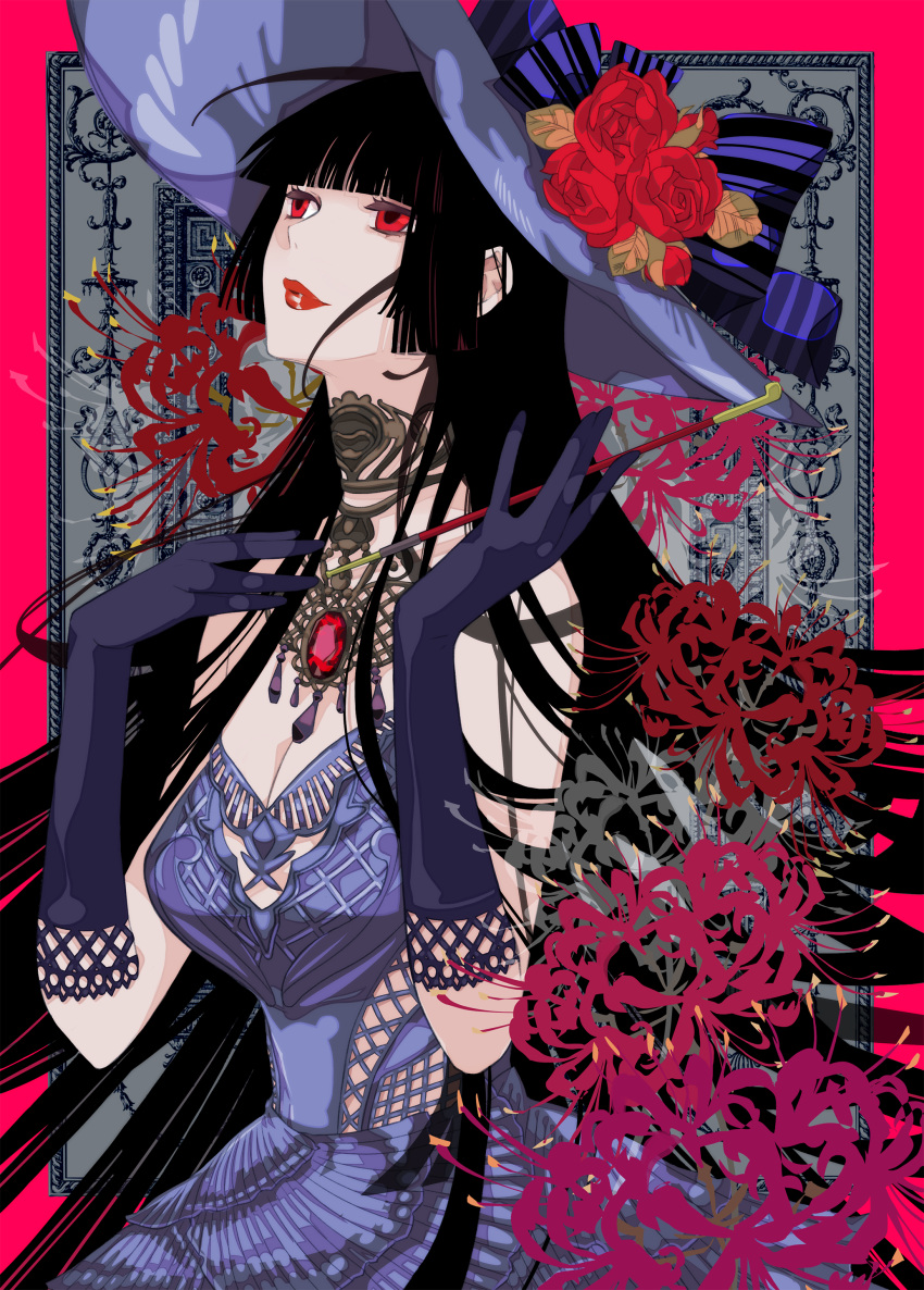 1girl absurdres bangs black_hair blunt_bangs border bow breasts cleavage clothing_cutout collar dress flower gem gloves hand_up hat hat_bow hat_flower highres hime_cut holding holding_smoking_pipe ichihara_yuuko jewelry kiseru light_smile lipstick long_hair looking_up makeup outside_border picture_frame pink_border purple_dress purple_gloves purple_headwear red_eyes red_flower red_gemstone red_rose rose smoking_pipe solo spider_lily strapless strapless_dress striped striped_bow upper_body xxxholic yyuunn