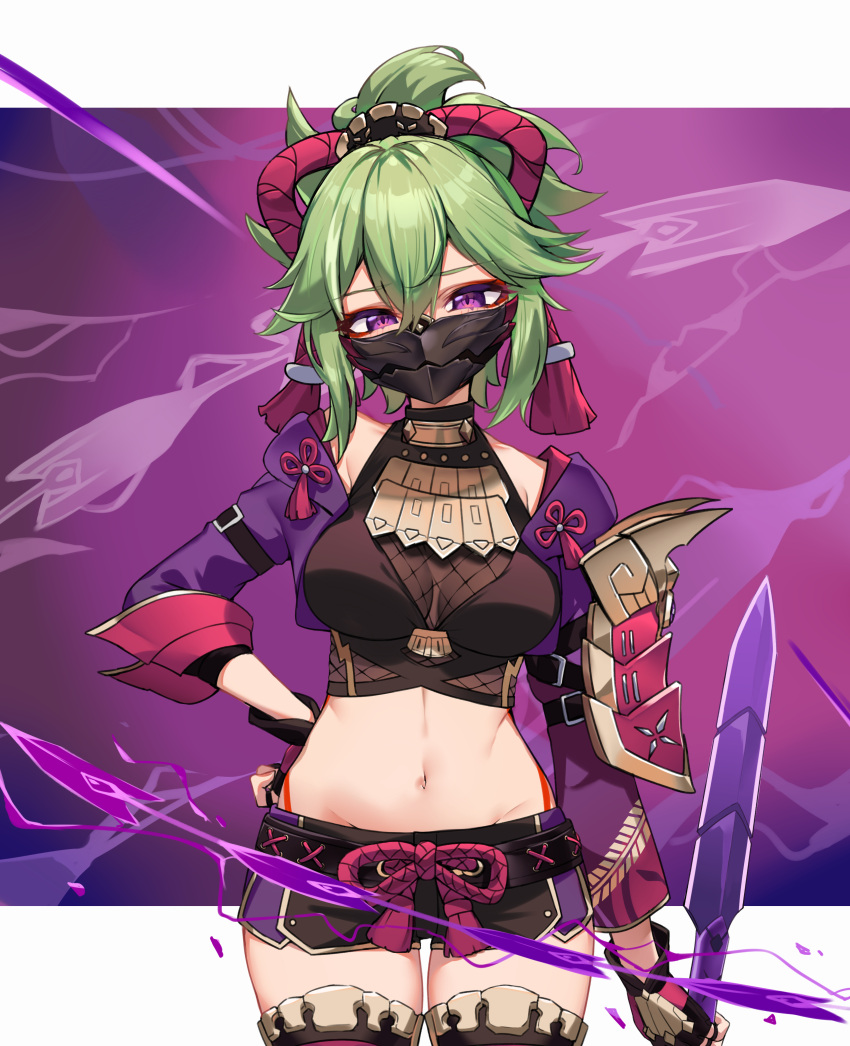 1girl absurdres armor bangs black_gloves black_mask black_shorts body_markings breasts commentary_request cowboy_shot crop_top cropped_jacket electricity fishnets flower_knot genshin_impact gloves gold_trim green_hair hand_on_hip highres holding holding_knife ivan_wang jacket knife kuki_shinobu letterboxed long_sleeves looking_at_viewer mask medium_breasts midriff mouth_mask navel open_clothes open_jacket ponytail purple_eyes purple_jacket rope shimenawa short_shorts shorts shoulder_armor sidelocks sleeveless_turtleneck_crop_top solo stomach thighhighs thighs turtleneck weapon