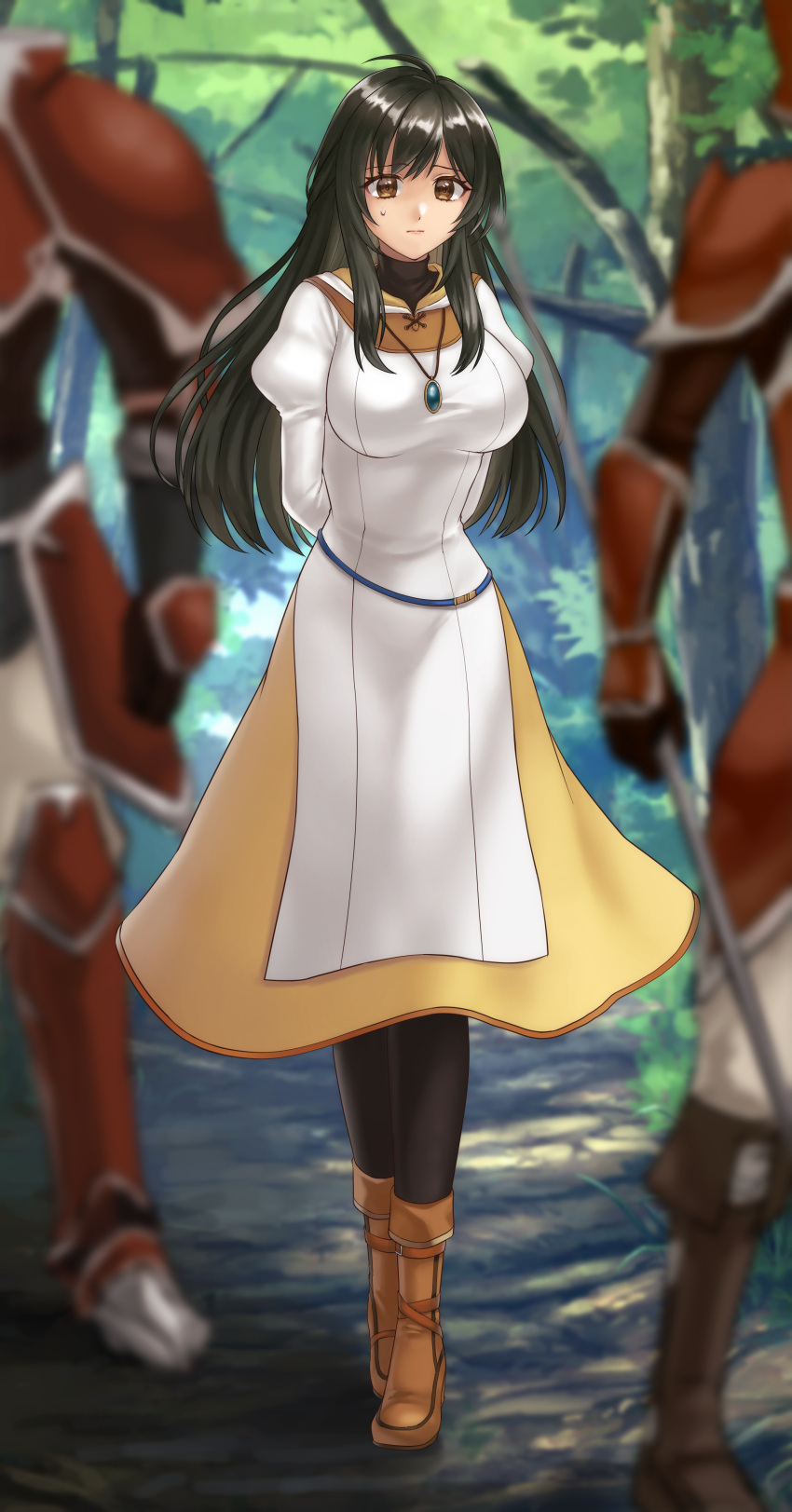 1girl absurdres alternate_hair_length alternate_hairstyle armor arms_behind_back black_hair black_leggings blurry bound breasts brown_eyes brown_footwear captured closed_mouth commission crying crying_with_eyes_open depth_of_field dress fire_emblem fire_emblem:_radiant_dawn forest full_body hazuki_(nyorosuke) highres jewelry large_breasts laura_(fire_emblem) leggings long_hair nature necklace outdoors restrained shoes skeb_commission solo_focus standing teardrop tears tree white_dress