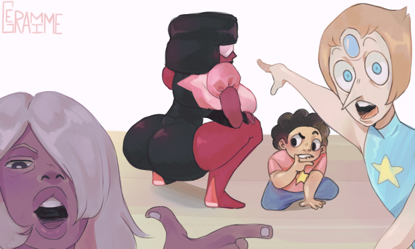 absurd_res alien alien_humanoid amethyst_(steven_universe) big_breasts big_butt breasts butt cartoon_network clothing digital_media_(artwork) female garnet_(steven_universe) gem_(species) geramime group hair hi_res humanoid looking_at_viewer male meme not_furry open_mouth pearl_(steven_universe) simple_background steven_quartz_universe steven_universe