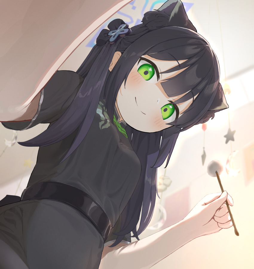 1girl absurdres animal_ear_fluff animal_ears bangs black_dress black_hair blue_archive blurry blurry_background blush breasts closed_mouth depth_of_field dress ear_cleaning green_eyes highres holding hub_(havu_obi) indoors long_hair mimikaki short_sleeves shun_(blue_archive) shun_(small)_(blue_archive) small_breasts smile solo very_long_hair