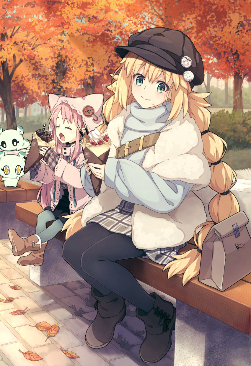 2girls alternate_costume artoria_caster_(fate) artoria_pendragon_(fate) autumn autumn_leaves bangs black_footwear black_headwear black_pantyhose black_skirt blonde_hair blue_sweater blush brown_footwear cabbie_hat cernunnos_(fate) character_print closed_eyes commentary_request contemporary creature eating fate/grand_order fate_(series) food food_on_face fou_(fate) fur-trimmed_vest fur_trim grey_pantyhose habetrot_(fate) hair_between_eyes hat highres holding holding_food hood hood_up hooded_jacket jacket jeanne_d'arc_(fate) kon_(fate) long_hair long_sleeves looking_at_viewer miniskirt multi-tied_hair multiple_girls open_clothes open_jacket outdoors pantyhose pink_hair pink_jacket plaid plaid_skirt pointy_ears saipaco shoes sitting size_difference skirt sweater tree twintails very_long_hair vest