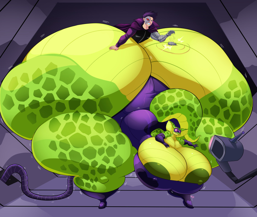 2021 absurd_res air_inflation anthro big_breasts big_butt bottom_heavy breast_expansion breasts butt butt_expansion butt_slap clothing cobra cybernetics cyborg digital_media_(artwork) dress duo english_text expansion female front_view green_body green_scales hi_res hosemistress huge_breasts huge_butt huge_hips huge_thighs human hyper hyper_butt hyper_hips hyper_thighs hypnosis inflation jaeh larger_anthro larger_female machine male mammal mind_control nipple_slip reptile scales scalie size_difference slap snake spiral_eyes text thick_thighs wide_hips