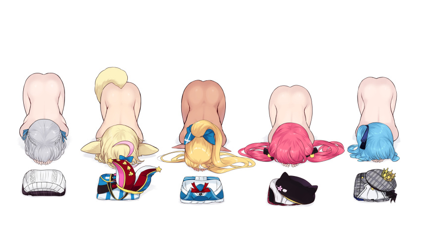 5girls animal_ears ass blonde_hair blue_bow blue_hair bow braid cait_aron clothes_removed completely_nude crown_braid dark-skinned_female dark_skin dogeza folded_clothes fox_ears fox_girl fox_tail grey_hair hair_bow hair_ribbon hat hat_removed headwear_removed highres hololive hoshimachi_suisei long_hair low_twintails multiple_girls naked_dogeza nude omaru_polka pink_hair pointy_ears ponytail ribbon sakura_miko shiranui_flare shirogane_noel side_ponytail simple_background tail top-down_bottom-up twintails virtual_youtuber white_background