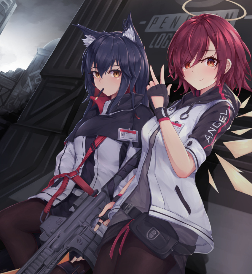 2girls absurdres animal_ears arknights black_gloves black_hair black_pantyhose black_shirt black_skirt bow clothes_writing detached_wings exusiai_(arknights) fingerless_gloves gloves grey_shirt gun halo highres holding holding_gun holding_weapon jacket kyl490 long_hair multiple_girls open_clothes open_jacket pantyhose red_bow red_eyes red_hair shirt short_hair skirt smile texas_(arknights) weapon weapon_request white_jacket wings wolf_ears yellow_eyes