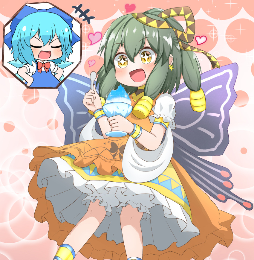 2girls :d bloomers blue_dress blue_ribbon butterfly_wings chibi cirno closed_eyes commentary_request coruthi dress food frilled_dress frills green_hair hair_ribbon happy heart highres holding holding_food holding_spoon hollow_song_of_birds ice ice_wings multiple_girls nebet_tefet neck_ribbon open_mouth orange_dress puffy_short_sleeves puffy_sleeves red_ribbon ribbon shaved_ice shirt short_sleeves smile sparkling_eyes spoon touhou underwear white_shirt wings yellow_eyes