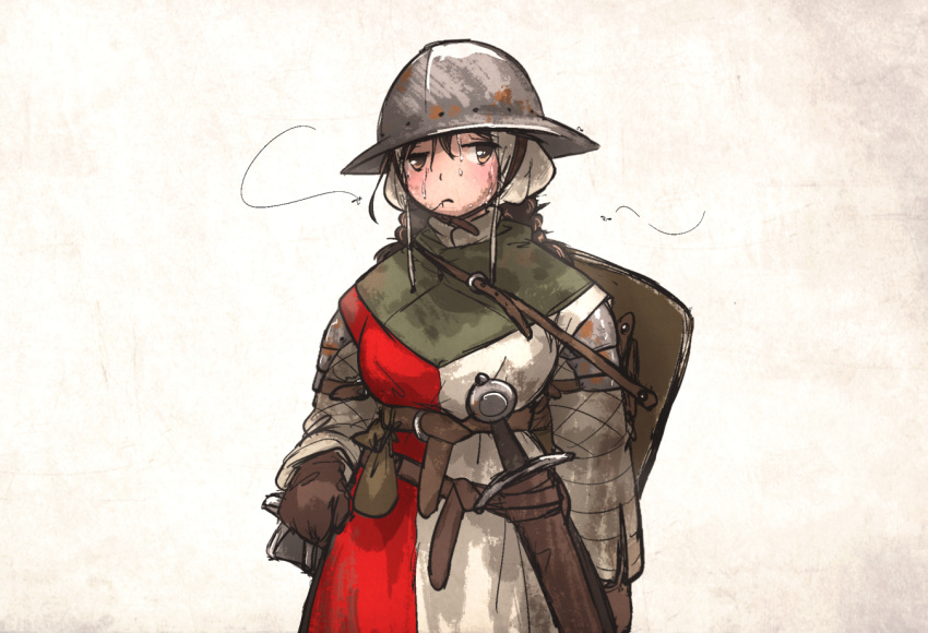 1girl armor belt belt_pouch blush breasts brown_eyes brown_gloves brown_hair bug english_commentary fly gloves helmet looking_to_the_side medium_breasts multiple_belts original pouch sheath sheathed shield solo sweat sword vanishlily weapon white_background