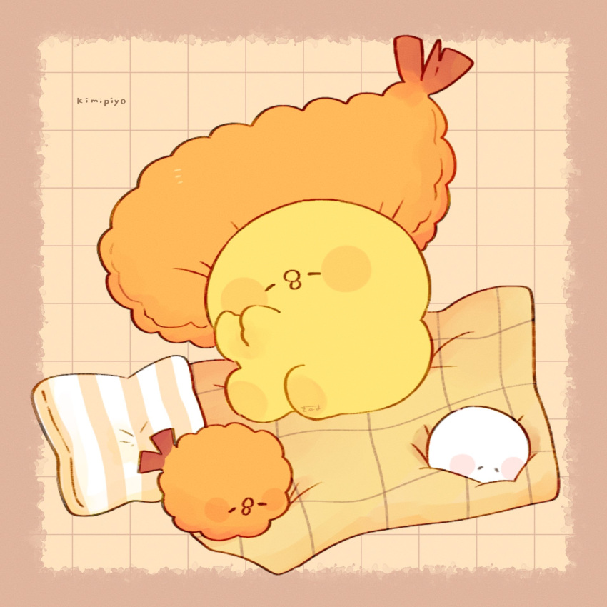 3others artist_name bird blanket blush_stickers border brown_border character_name chick chicken closed_eyes commentary creature ebifurya_(tenmiyakiyo) english_text food food-themed_creature highres kimipiyo_(tenmiyakiyo) lying multiple_others on_food original pillow shrimp shrimp_tempura signature sleeping symbol-only_commentary tempura tenmiyakiyo tsubumaru_(tenmiyakiyo)