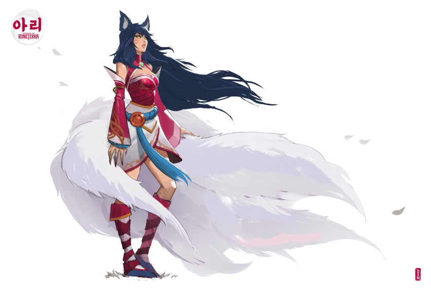 1girl absurdres ahri_(league_of_legends) animal_ears artist_name bangs belt black_footwear black_hair boots breasts cleavage den_(denwhat) detached_sleeves facial_mark fingernails fox_ears fox_girl fox_tail highres knee_boots kumiho large_breasts league_of_legends legends_of_runeterra long_hair long_sleeves looking_up multiple_tails parted_lips petals sharp_fingernails shiny shiny_skin shoes simple_background solo tail whisker_markings