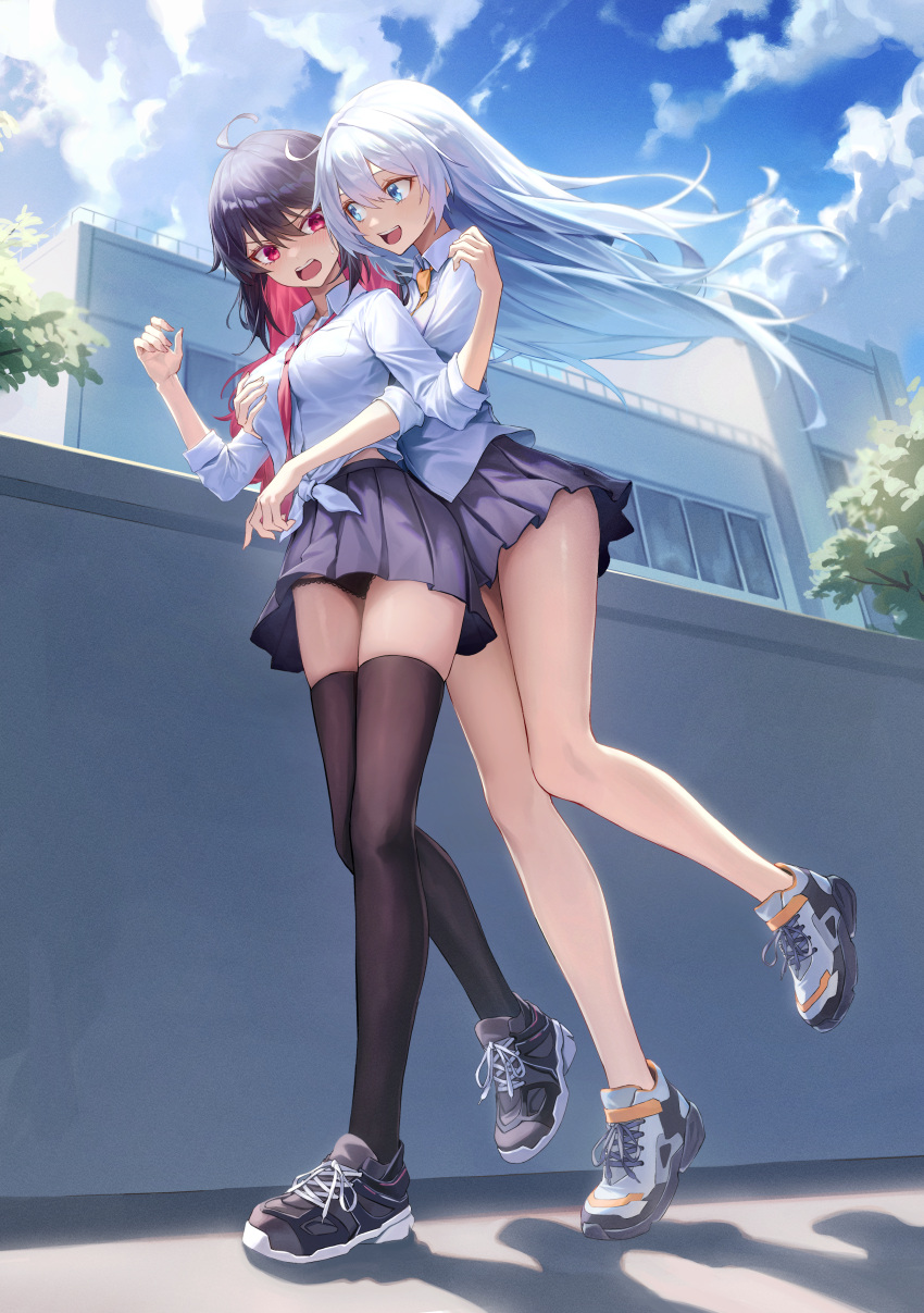 2girls :d absurdres ahoge annoyed bangs bare_legs black_footwear black_hair black_panties black_skirt black_thighhighs blue_eyes blue_sky breast_grab breasts building cloud collared_shirt colored_inner_hair commentary commission day floating_hair full_body grabbing hair_between_eyes hand_on_another's_chest highres honkai_(series) honkai_impact_3rd hug hug_from_behind kiana_kaslana lace-trimmed_panties lace_trim legs long_hair looking_at_another medium_breasts miniskirt multicolored_footwear multicolored_hair multiple_girls necktie open_mouth outdoors panties pleated_skirt red_eyes red_hair red_necktie school_uniform seele_(alter_ego) seele_vollerei shadow shirt shoes sidelocks skirt sky sleeves_rolled_up smile sneakers soy_chicken standing standing_on_one_leg thighhighs tied_shirt tree two-tone_hair underwear v-shaped_eyebrows wall white_footwear white_hair white_shirt yellow_necktie yuri zettai_ryouiki