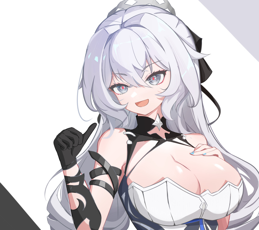 1girl :d absurdres bangs bare_shoulders black_gloves blue_nails breasts bronya_zaychik bronya_zaychik_(silverwing:_n-ex) cleavage cleavage_cutout clothing_cutout dress drill_hair gloves grey_eyes grey_hair highres honkai_(series) honkai_impact_3rd large_breasts long_hair looking_at_viewer nail_polish open_mouth power_man_(xy1950314788) simple_background single_glove smile solo thumbs_up twin_drills white_background white_dress