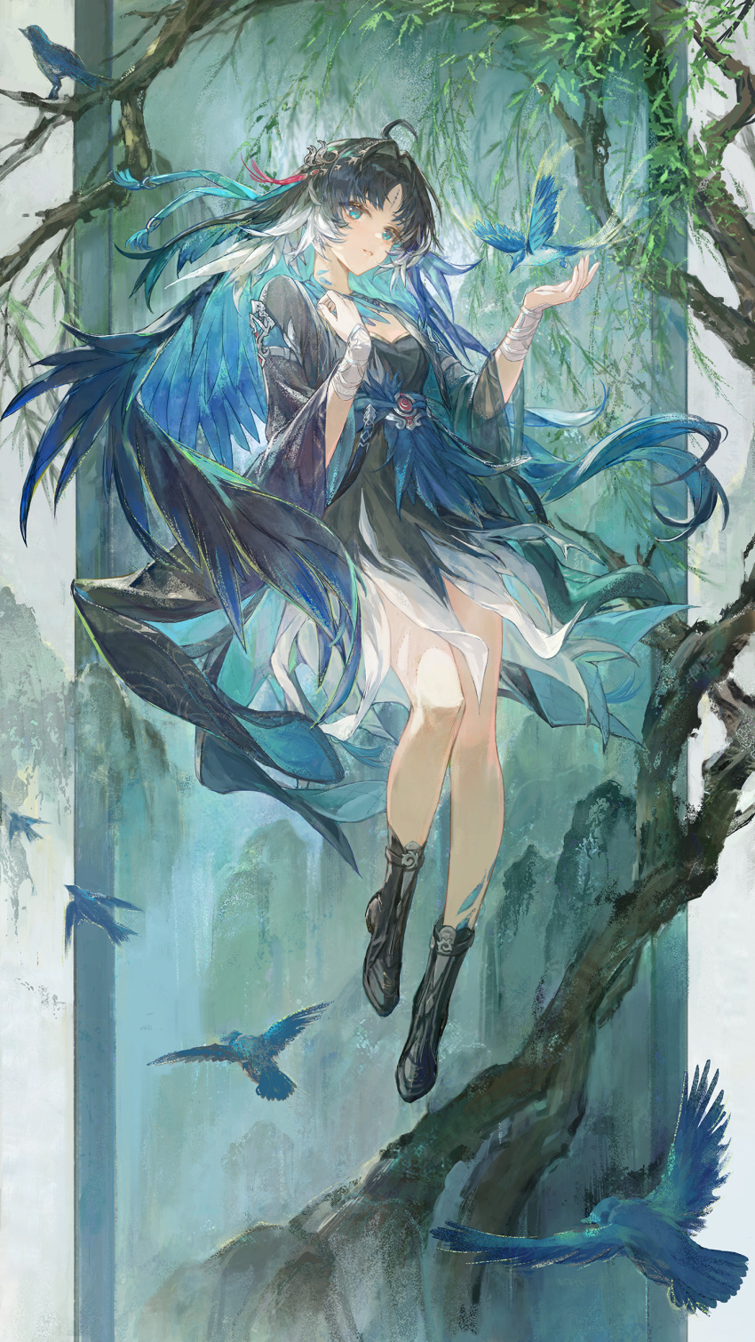 1girl absurdres ahoge bird black_boots blue_bird blue_eyes blue_hair boots chinese_clothes chinese_commentary commentary_request ergouzi_echo feather_hair full_body hair_intakes hair_ornament highres looking_at_animal mole mole_under_eye parted_bangs parted_lips solo tacet_mark_(wuthering_waves) tassel tassel_hair_ornament tree white_hair willow wuthering_waves yangyang_(wuthering_waves) yangyang_(xuanling)_(wuthering_waves)