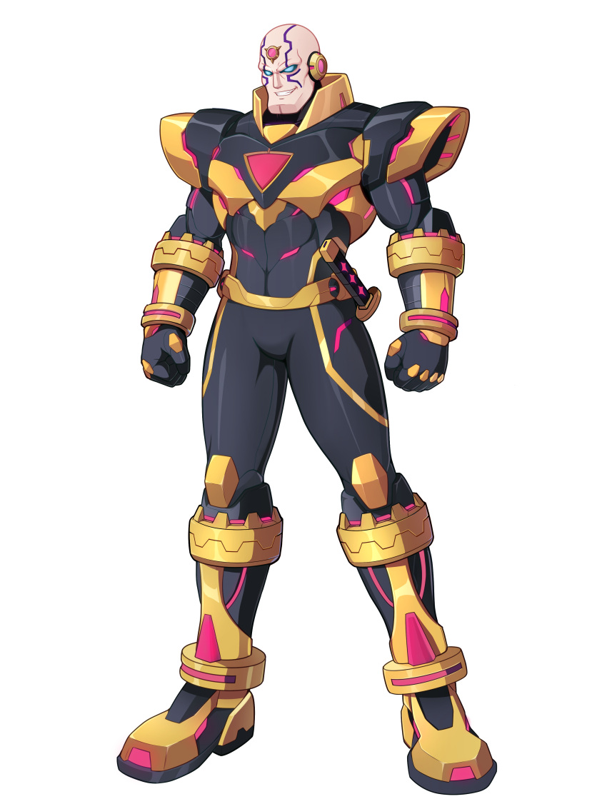 1boy absurdres adapted_costume alternate_costume armor armored_boots bald belt blue_eyes body_armor bodysuit boots commission commissioner_upload covered_abs facial_mark forehead_jewel full_body gauntlets gloves high_collar highres knee_armor mega_man_(series) mega_man_x_(series) muscular muscular_male non-web_source redesign shoulder_armor sigma_(mega_man) smirk transparent_background uta_guipiy