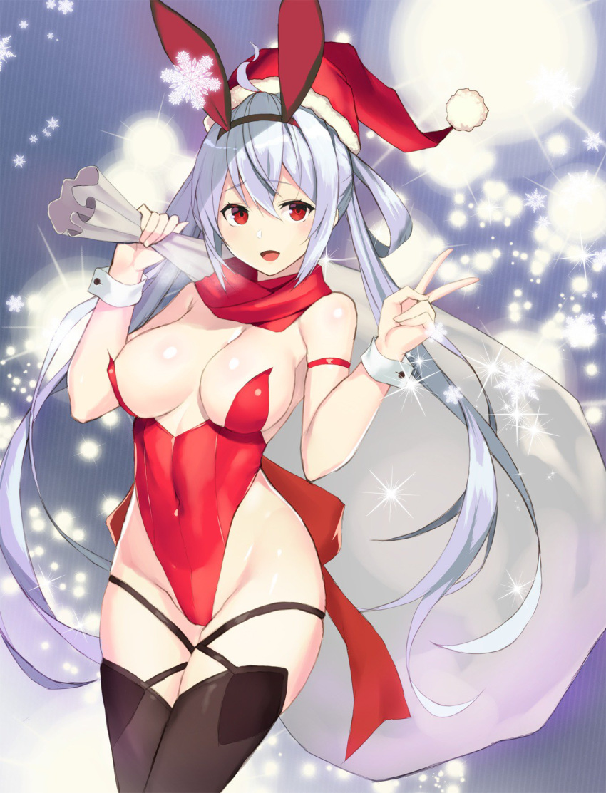 1girl :d animal_ears armlet black_legwear breasts bunny_ears cleavage covered_navel cowboy_shot eyebrows_visible_through_hair fake_animal_ears hairband hat highleg highleg_leotard highres large_breasts leotard long_hair looking_at_viewer matoi_(pso2) nakamura_nagare open_mouth phantasy_star phantasy_star_online_2 red_eyes sack santa_hat silver_hair smile solo thighhighs twintails v very_long_hair wrist_cuffs