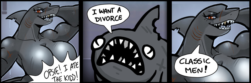 2026 3_panel_comic absurd_res anthro aquatic athletic athletic_anthro athletic_female biceps big_breasts breasts comic daddy_shark_(mewgenics) dialogue duo english_text fangs female feral fin fish gills grey_body grey_skin hi_res huge_breasts humor male mewgenics mister_feelgood open_mouth open_smile red_eyes scar shark slim_anthro slim_female small_waist smile speech_bubble talking_to_another teeth text triceps