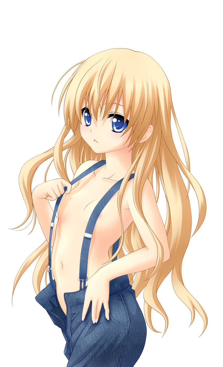 absurdres areolae artist_request blonde_hair blue_eyes colorized flat_chest highres long_hair mayoi_neko_overrun! naked_suspenders navel overalls revealing_clothes simple_background solo suspenders topless umenomori_chise unbuttoned unzipped