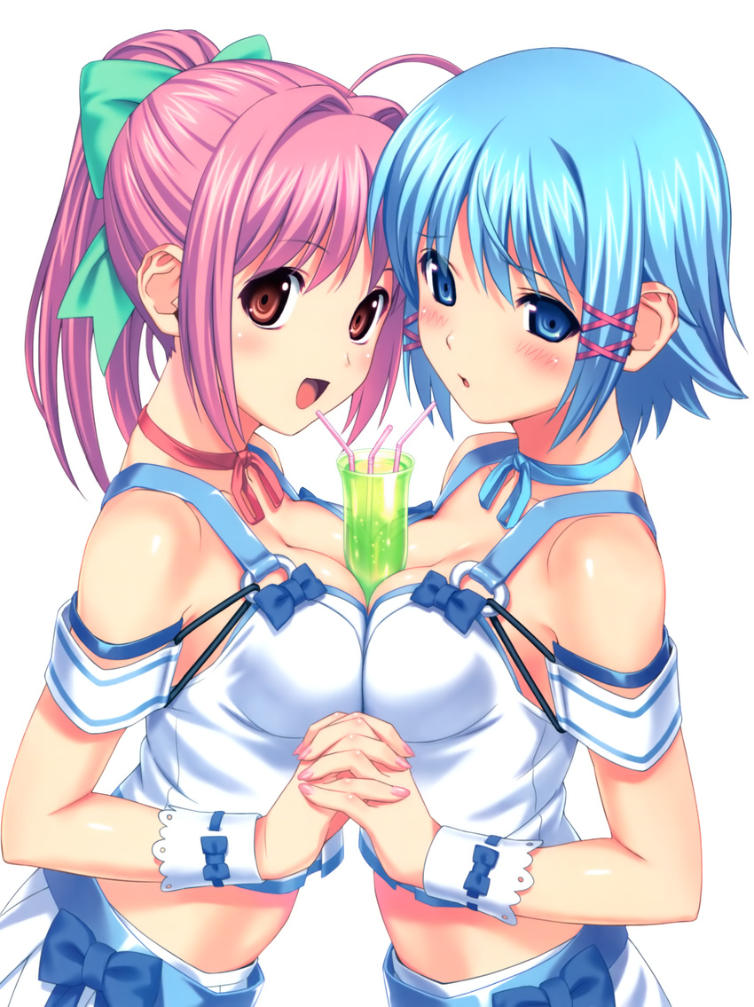 absurdres between_breasts blue_eyes blue_hair blush bow breast_press breasts choker cleavage crop_top drink drinking_straw hair_bow highres himuro_rikka hinata_hanabi holding_hands interlocked_fingers koutaro medium_breasts melon_soda midriff multiple_girls o-ring o-ring_top ponytail red_eyes red_hair simple_background symmetrical_docking tropical_kiss waitress wrist_cuffs
