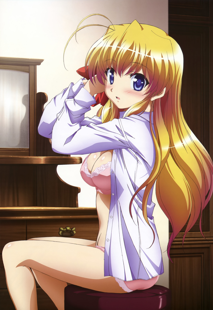 :o absurdres antenna_hair blonde_hair blue_eyes blush bow bra breasts cleavage embarrassed fortune_arterial from_behind gradient_hair hair_bow hairdressing highres isono_satoshi lace lace_bra lace_panties large_breasts lingerie long_hair looking_back multicolored_hair no_pants nyantype official_art open_clothes open_shirt panties pink_bra pink_panties scan sendou_erika shirt sitting solo stool surprised underwear very_long_hair