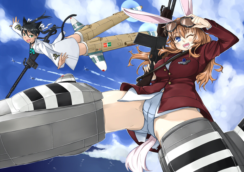 animal_ears black_hair blue_eyes breasts bunny_ears cameltoe cat_ears cat_tail charlotte_e_yeager cloud day flying francesca_lucchini goggles goggles_on_head green_eyes gun komusou_(jinrikisha) large_breasts long_hair m1918_bar machine_gun military military_uniform multiple_girls ocean one_eye_closed panties pantyshot red_hair strike_witches striker_unit striped striped_panties tail trigger_discipline twintails underwear uniform weapon world_witches_series