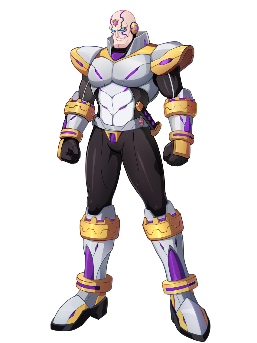 1boy absurdres adapted_costume alternate_costume armor armored_boots bald belt blue_eyes body_armor bodysuit boots commission commissioner_upload covered_abs facial_mark forehead_jewel full_body gauntlets gloves high_collar highres knee_armor mega_man_(series) mega_man_x5 mega_man_x_(series) muscular muscular_male non-web_source redesign shoulder_armor sigma_(mega_man) smirk transparent_background uta_guipiy