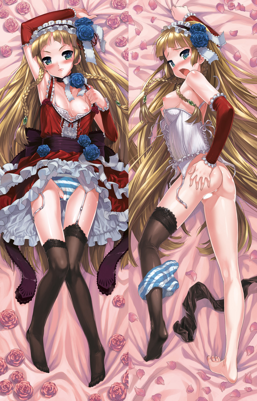 ass bangs barefoot blonde_hair blue_flower blue_rose blunt_bangs blush braid breasts bustier censored dakimakura detached_sleeves feet flower garter_straps green_eyes hairband highres legs lingerie long_hair medium_breasts multiple_views nipples open_mouth original panties panties_around_one_leg panties_aside petals pink_flower pink_rose rose rose_petals shirane_taito single_thighhigh sock_pull striped striped_panties tears thighhighs twin_braids underwear very_long_hair