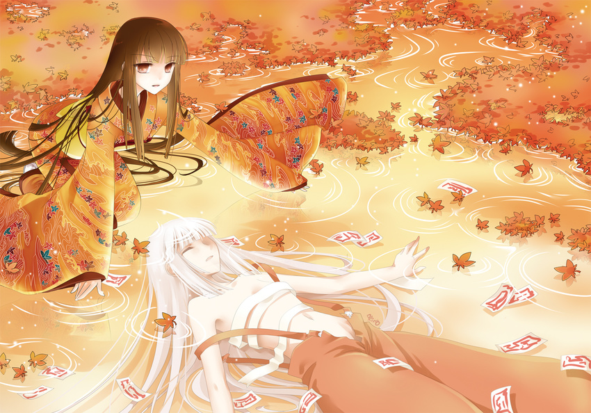 autumn_leaves black_hair brown_eyes closed_eyes fujiwara_no_mokou hime_cut houraisan_kaguya japanese_clothes kimono leaf leaf_print long_hair lying multiple_girls no_panties no_shirt on_back pping ripples sarashi suspenders talisman touhou undone_sarashi water white_hair wide_sleeves