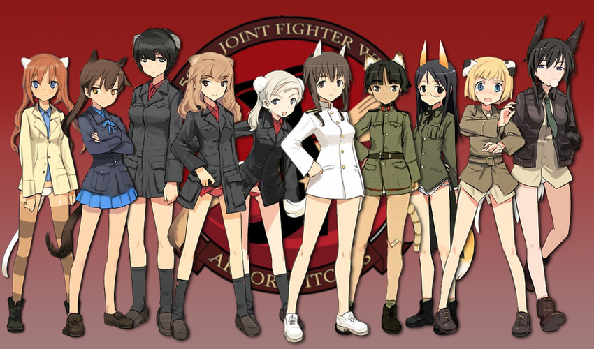 504th_joint_fighter_wing_(emblem) 6+girls angela_salas_larrazabal animal_ears bare_legs black_hair blonde_hair boots brown_hair bubble_blowing cat_ears cat_girl cat_tail chewing_gum dog_ears dog_girl dog_tail dominica_s_gentile fernandia_malvezzi fox_ears fox_girl fox_tail gradient gradient_background horse_ears horse_girl horse_tail jane_t_godfrey lineup long_hair luciana_mazzei martina_crespi military military_uniform multiple_girls nakajima_nishiki panties patricia_schade red_background red_panties shimada_fumikane short_hair skirt socks strike_witches:_kurenai_no_majo-tachi striped striped_legwear suwa_amaki tail takei_junko thighhighs underwear uniform white_panties world_witches_series