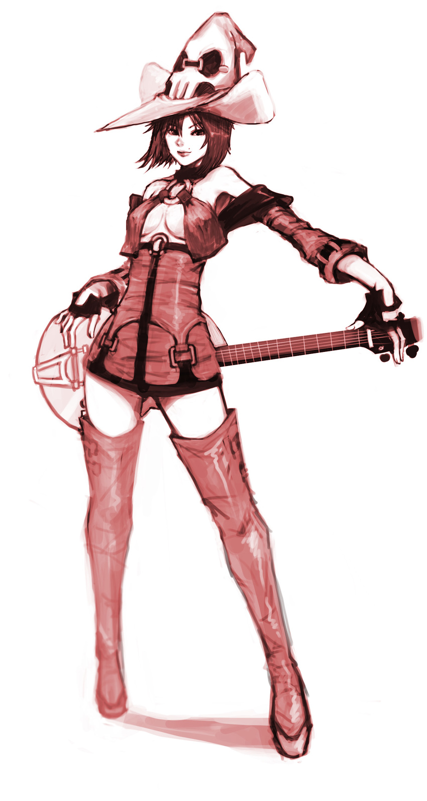 bad_id bad_pixiv_id black_hair boots center_opening detached_sleeves fingerless_gloves gloves guilty_gear guitar hands hat highres i-no instrument mole mole_above_mouth monochrome simple_background sketch solo thigh_boots thighhighs yunori