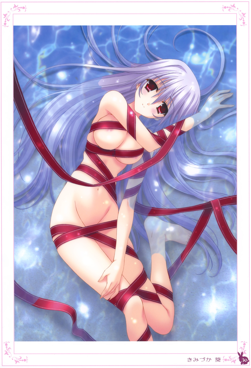 absurdres areolae barefoot blush copyright_request highres kimizuka_aoi long_hair naked_ribbon navel nude purple_hair red_eyes ribbon smile solo very_long_hair water
