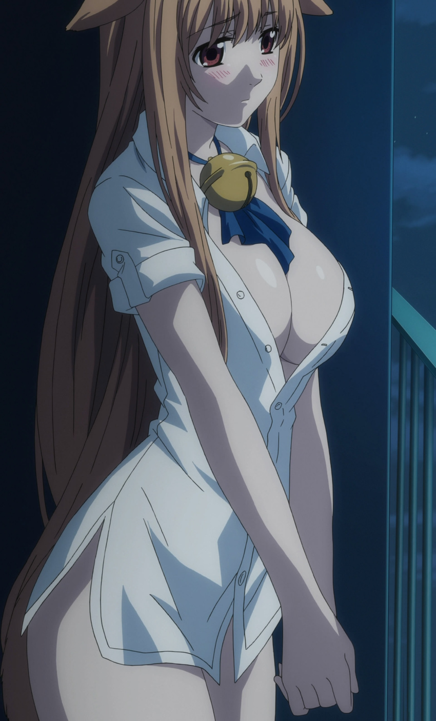 absurdres asobi_ni_iku_yo! bell bell_collar blush breasts cleavage collar eris_(asobi_ni_iku_yo!) highres large_breasts naked_shirt no_bra open_clothes open_shirt screencap shirt solo stitched third-party_edit