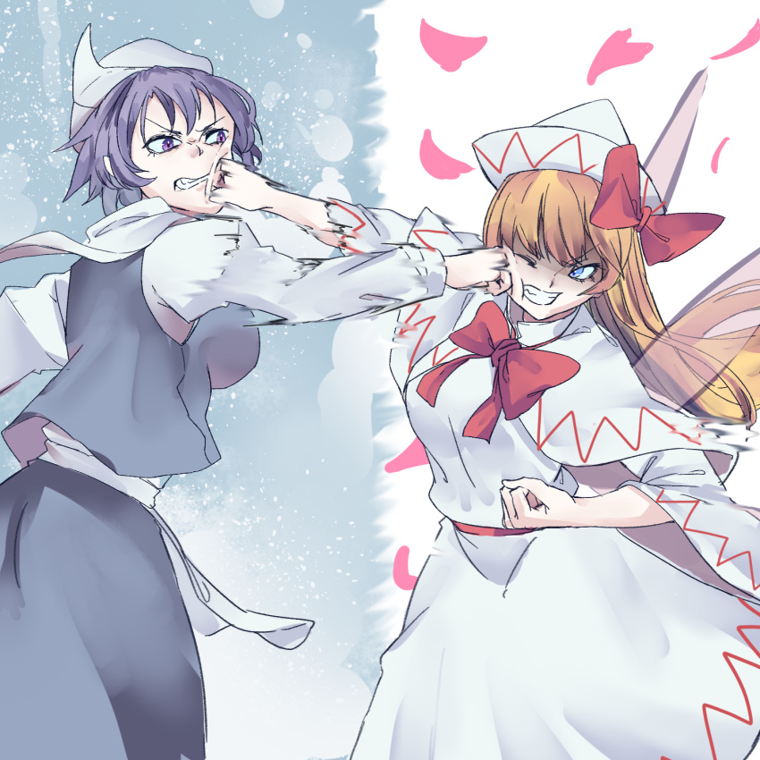 2girls angry battle blue_eyes bow breasts capelet changing_seasons_(touhou) cherry_blossoms clenched_hands clenched_teeth collared_capelet commentary_request cowboy_shot dress face_punch fairy_wings from_side gradient_background hair_between_eyes hair_bow hat highres in_the_face kanaria_(bcomn) letty_whiterock lily_white long_hair long_skirt long_sleeves looking_at_another medium_breasts motion_blur motion_lines multiple_girls petals puffy_long_sleeves puffy_sleeves punching purple_eyes purple_hair purple_skirt purple_vest red_bow ribbon-trimmed_bow ribbon_trim sash scarf short_hair simple_background skirt snow spring_(season) teeth touhou transparent_wings triangular_headpiece vest white_background white_capelet white_dress white_hat white_scarf wide_sleeves wings winter