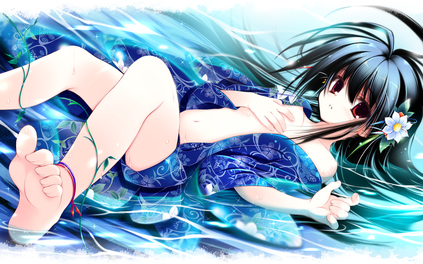 bare_legs barefoot black_hair blue_kimono copyright_request feet flat_chest floral_print flower foreshortening hair_flower hair_ornament highres japanese_clothes kimono long_hair looking_at_viewer lying navel no_bra on_back open_clothes red_eyes soles solo tenmu_shinryuusai toes wallpaper water yukata