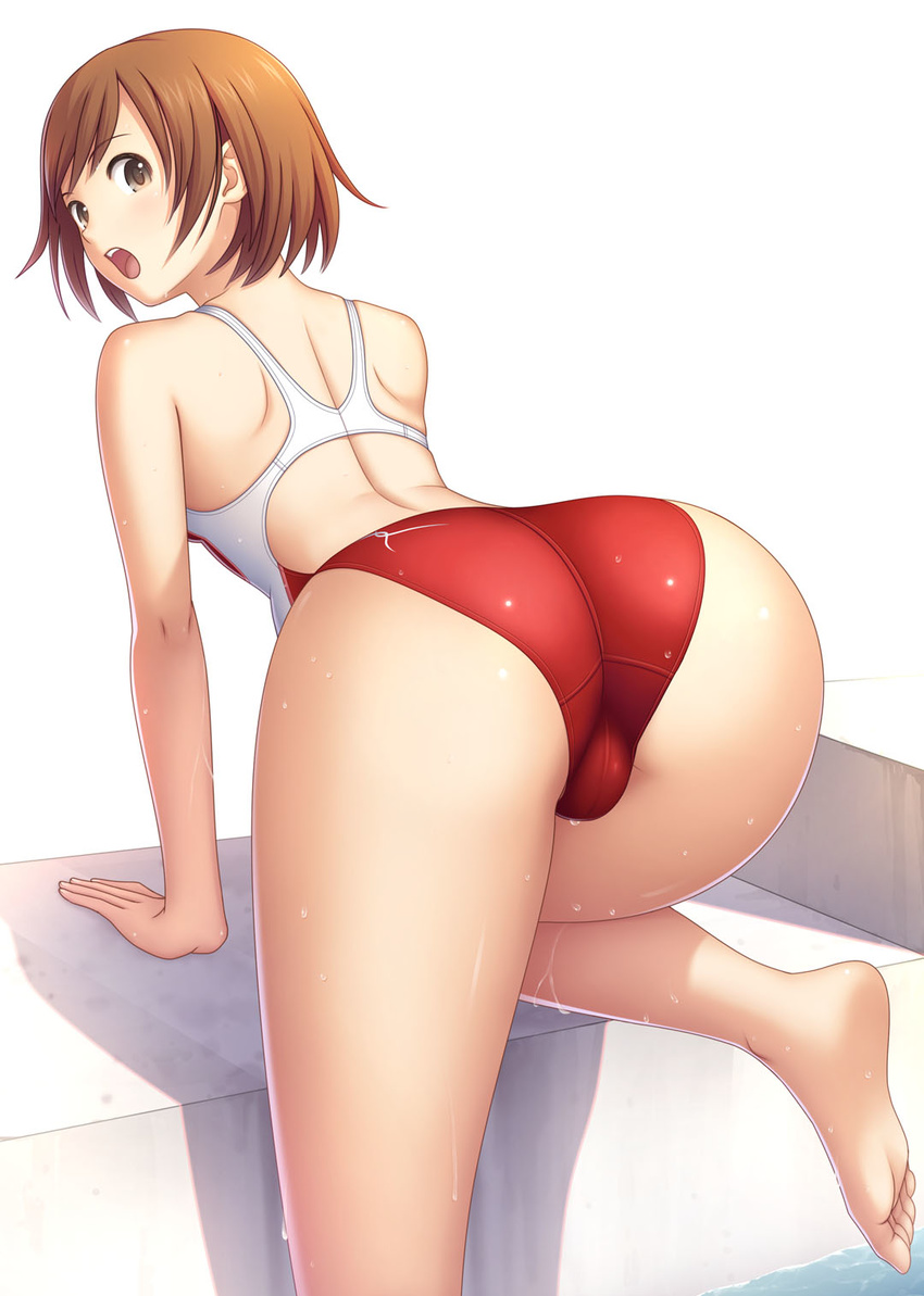 ass back brown_hair climbing competition_swimsuit copyright_request fat_mons highres kuri_(kurigohan) looking_back one-piece_swimsuit open_mouth shiny shiny_clothes shiny_skin short_hair simple_background solo swimsuit trefoil wet