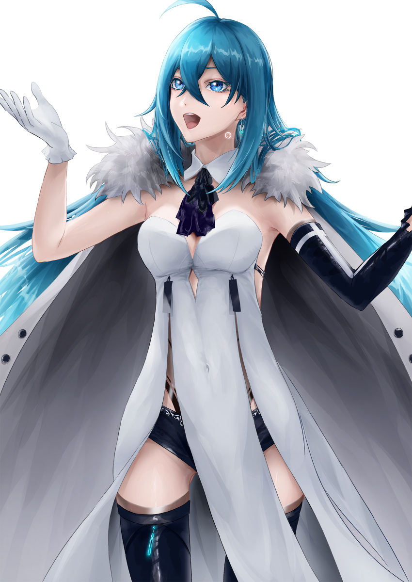 1girl :d absurdres ahoge ascot asymmetrical_sleeves bangs black_ascot black_footwear black_shorts black_sleeves blue_eyes blue_hair boots breasts cape cleavage covered_navel detached_collar detached_sleeves dress floating_hair fur-trimmed_cape fur_trim gloves hair_between_eyes highres long_hair long_sleeves medium_breasts micro_shorts open_mouth rockyoerr shiny shiny_hair shorts simple_background single_sleeve smile solo standing strapless strapless_dress thigh_boots very_long_hair vivy vivy:_fluorite_eye's_song white_background white_cape white_dress white_gloves